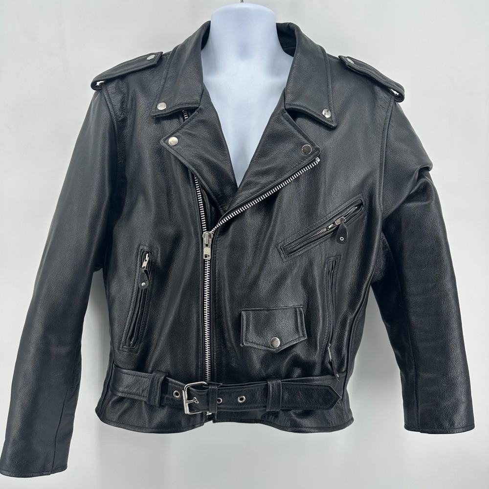 Xelement Leather Motorcycle Jacket Black L Belted Biker Coat Zip Out Liner Moto